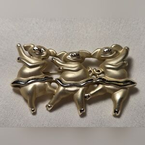 Dancing Ballet Pigs Ballerina Pin Brooch Brushed Gold 1980s Vintage Fashion